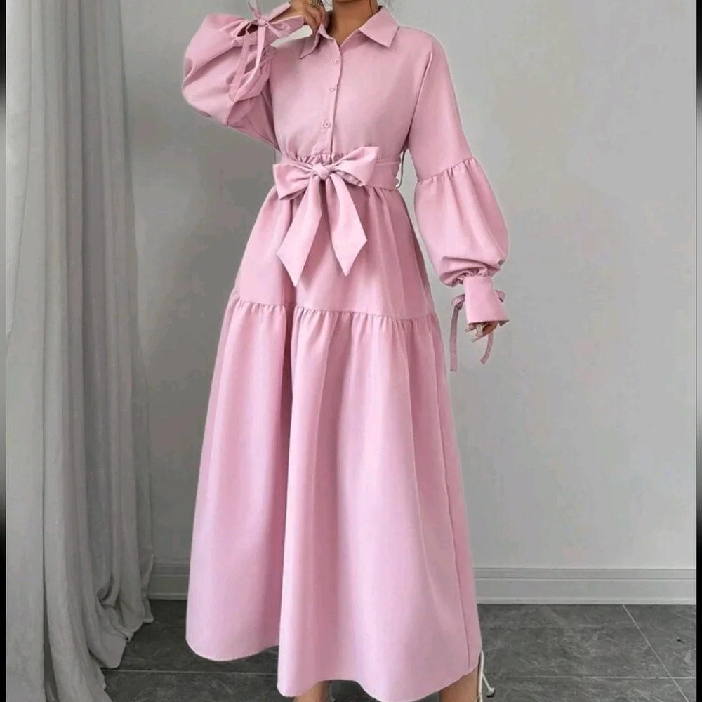 Women's Elegant Casual Fashion Lady Bubble Sleeves Lapel Bow Tie - Picture 3 of 4